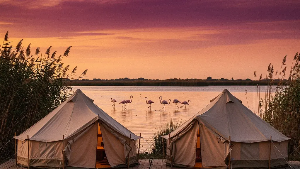 Vue nocturne d'une tente glamping luxueuse près d'un étang de Camargue avec flamants roses au crépuscule