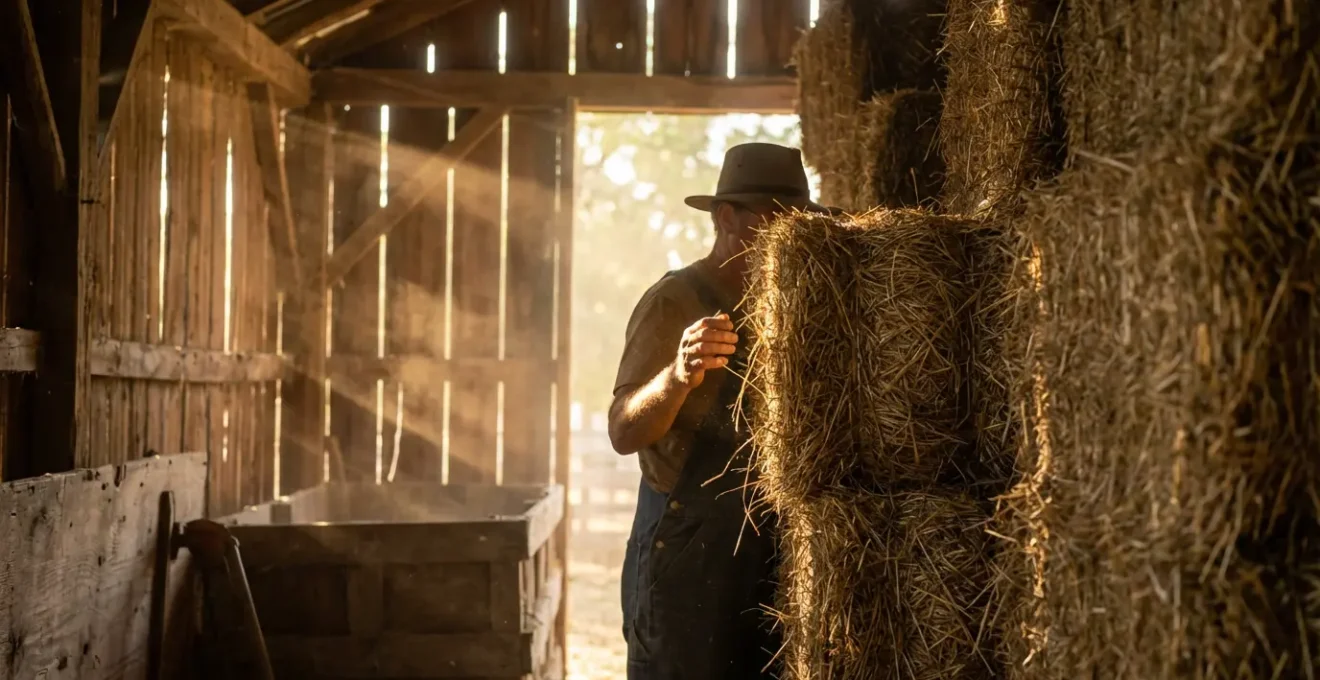 Intérieur d'un hangar de stockage avec balles de foin de Crau empilées sous lumière dorée