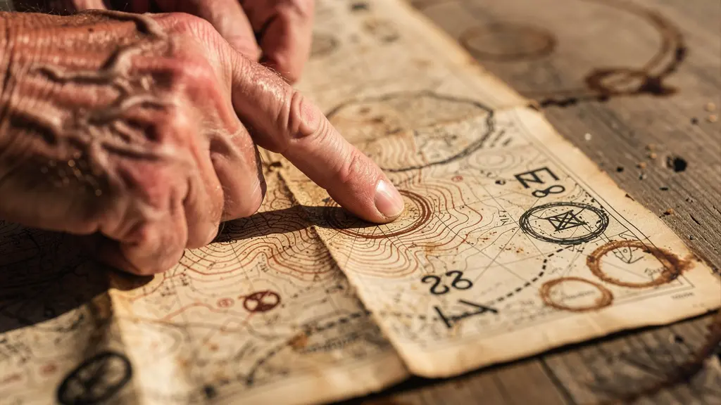 Gros plan sur des mains pointant une carte ancienne avec des annotations personnelles de lieux secrets