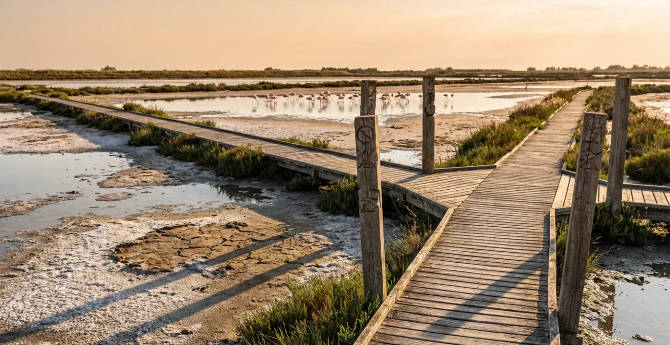 Vue panoramique d'un sentier balisé dans les marais de Camargue avec panneaux de réglementation