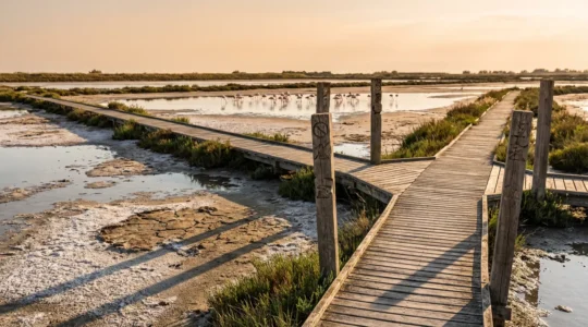 Vue panoramique d'un sentier balisé dans les marais de Camargue avec panneaux de réglementation