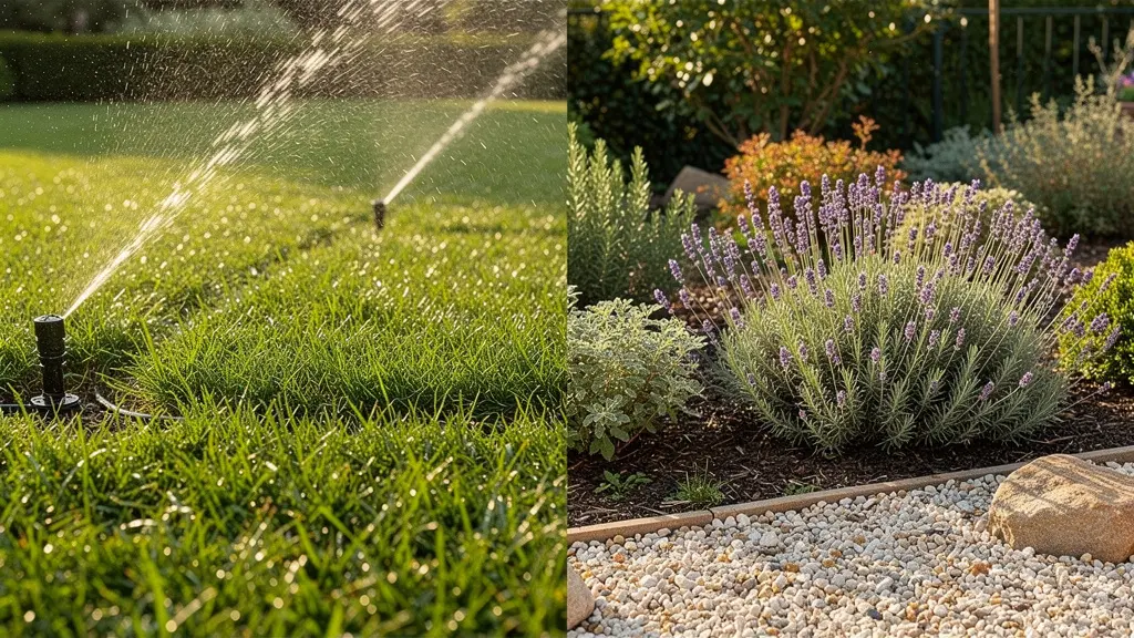 Comparaison visuelle entre un jardin avec pelouse et arrosage automatique et un jardin xérophile avec plantes locales