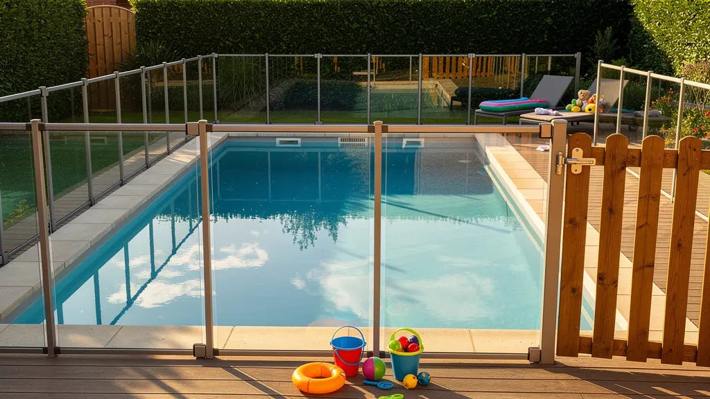 Jardin de gîte avec piscine entièrement sécurisée par des barrières transparentes aux normes