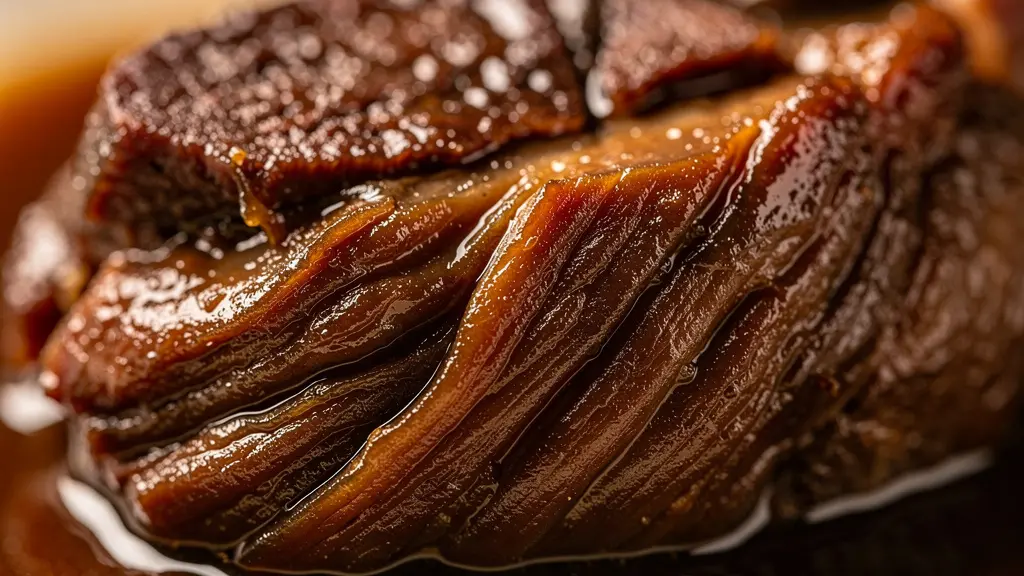 Gros plan sur une joue de taureau cuite montrant la texture gélatineuse et fondante caractéristique