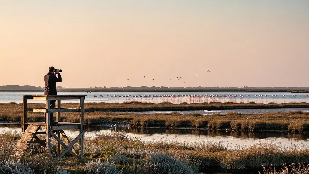 Observation ornithologique dans les étangs de Camargue avec des jumelles