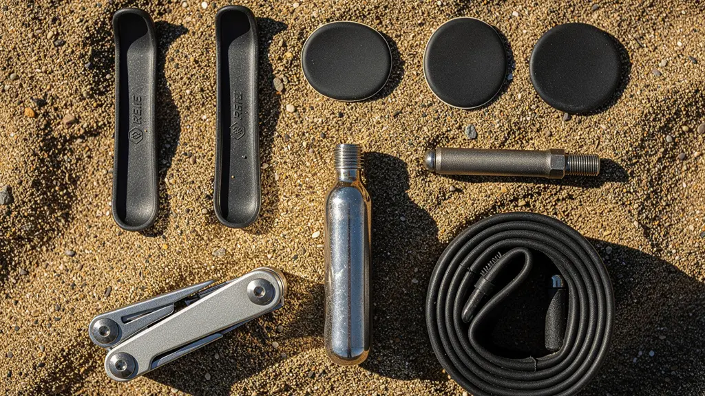 Kit de réparation vélo méthodiquement disposé sur le sol sablonneux de la digue