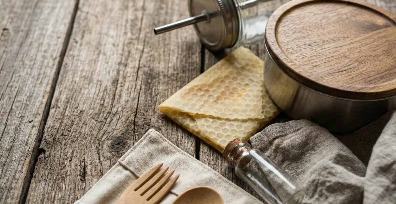 Kit de pique-nique zéro déchet disposé sur une surface en bois naturel