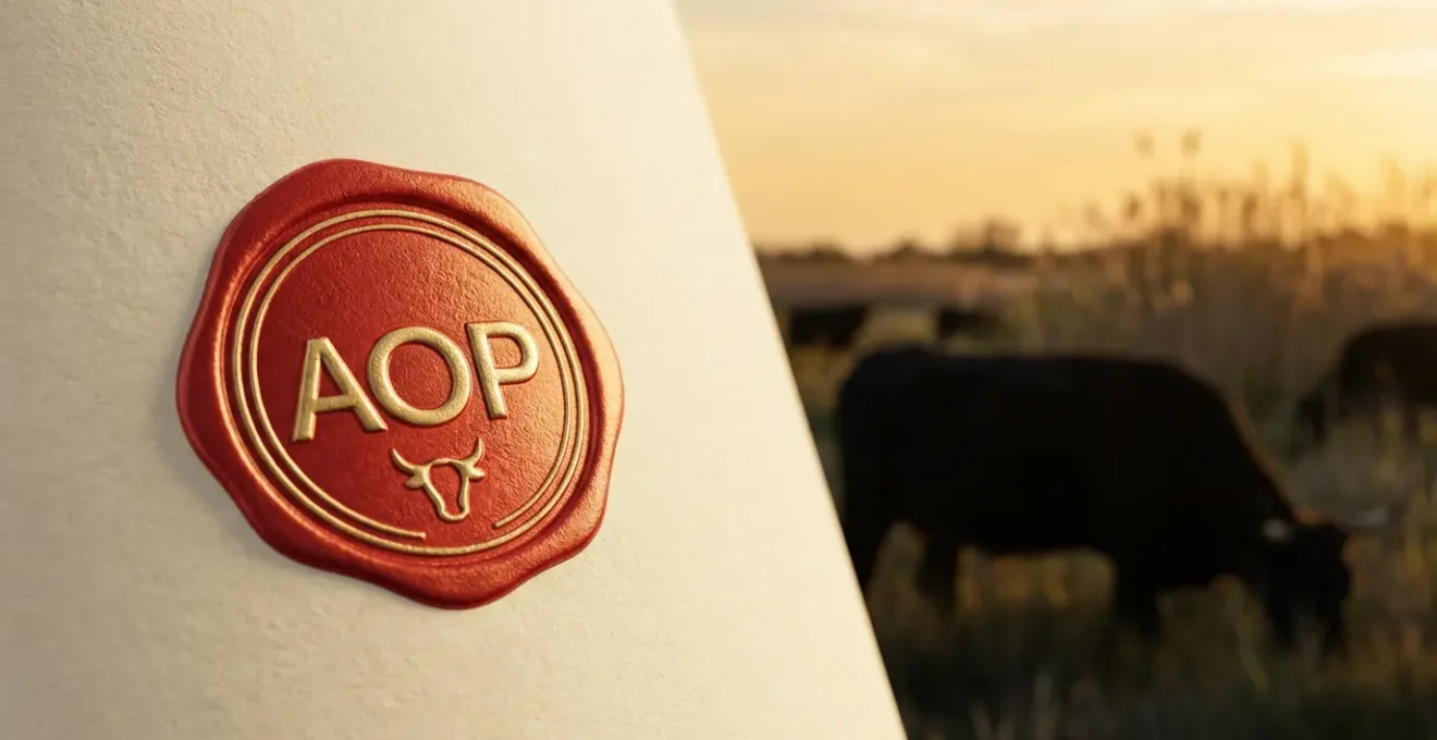 Logo AOP rouge et or sur des produits camarguais authentiques avec paysage de Camargue en arrière-plan