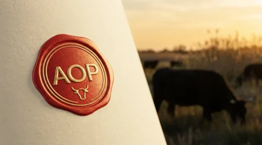 Logo AOP rouge et or sur des produits camarguais authentiques avec paysage de Camargue en arrière-plan