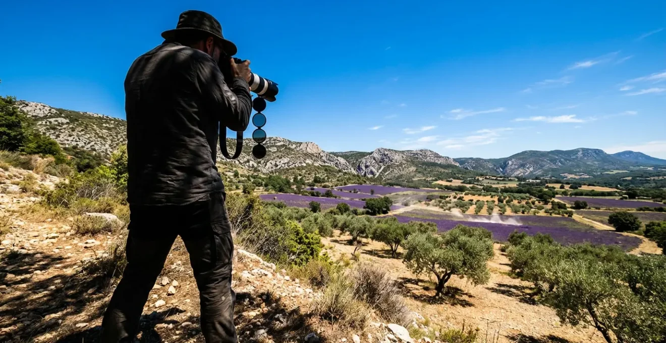 Photographe capturant la lumière intense de midi sur un paysage provençal avec des filtres
