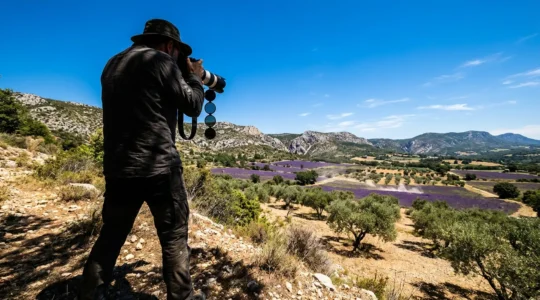 Photographe capturant la lumière intense de midi sur un paysage provençal avec des filtres