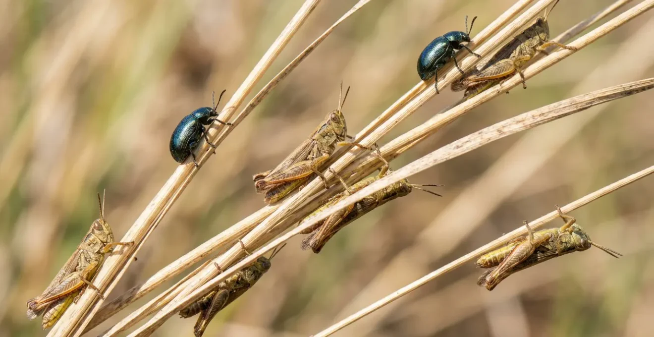 Vue macro d'insectes coléoptères et orthoptères, alimentation naturelle des jeunes outardes
