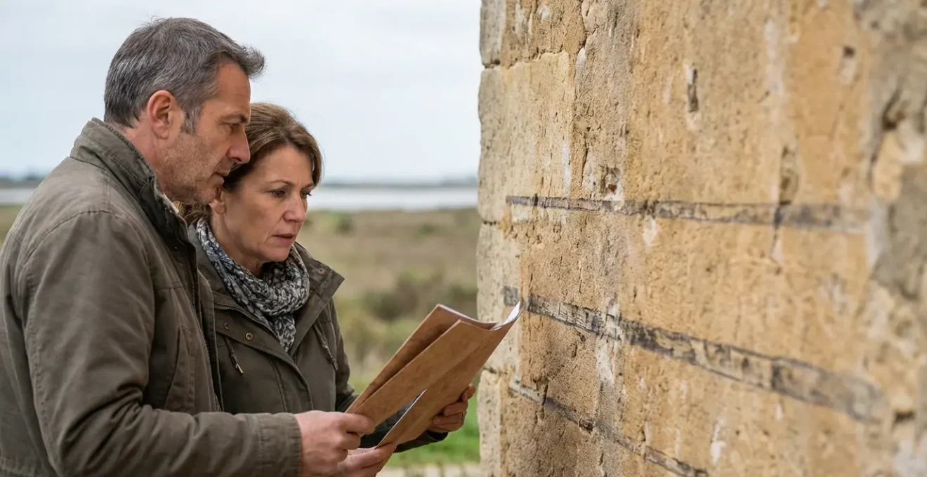 Vue d'une maison camarguaise avec repères de crues historiques visibles sur la façade