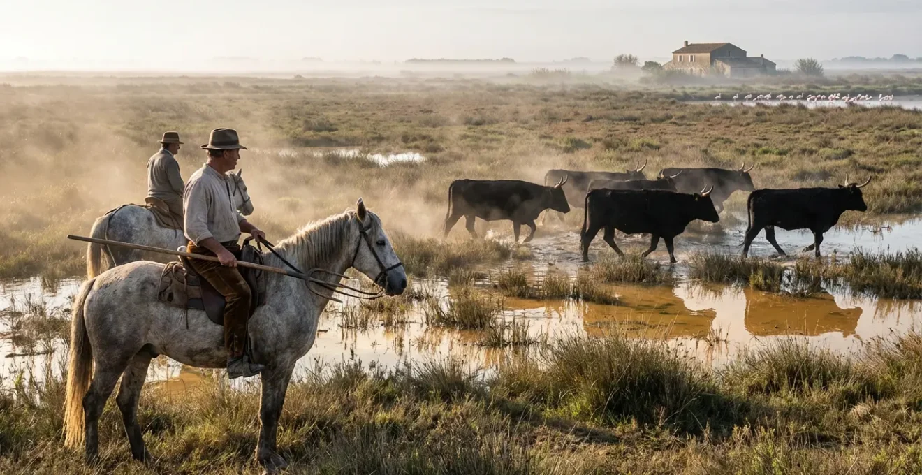 Gardians à cheval guidant des taureaux dans les marais camarguais lors d'un tri traditionnel