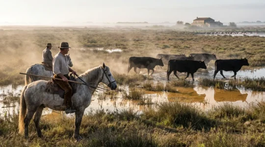 Gardians à cheval guidant des taureaux dans les marais camarguais lors d'un tri traditionnel