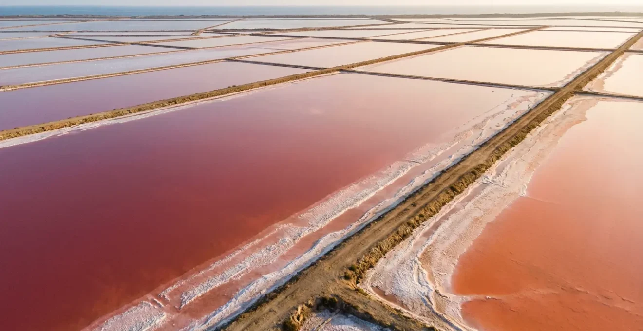Vue aérienne spectaculaire de bassins de marais salants aux teintes roses et orangées en été