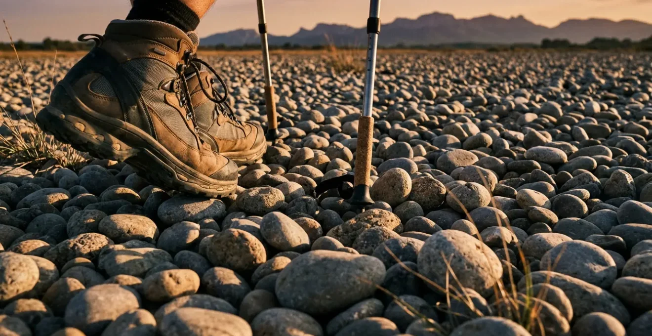 Randonneur traversant un champ de galets du coussoul avec des bâtons de marche