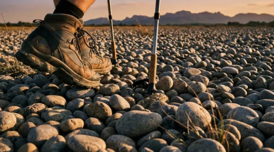 Randonneur traversant un champ de galets du coussoul avec des bâtons de marche