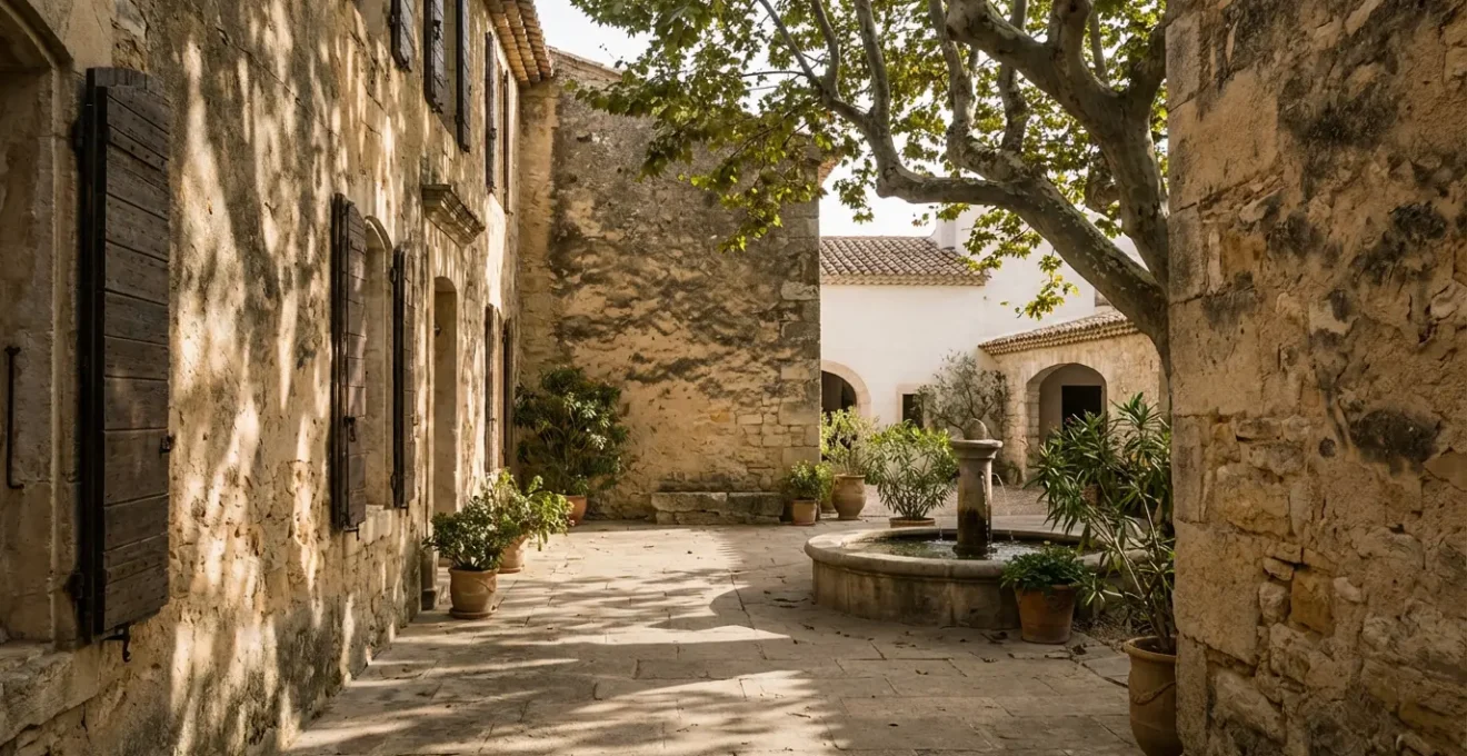Cour intérieure ombragée d'un mas camarguais traditionnel en pierre