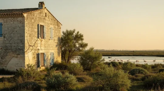 Façade d'un mas provençal en pierre avec des volets bleus sous une lumière dorée en Camargue