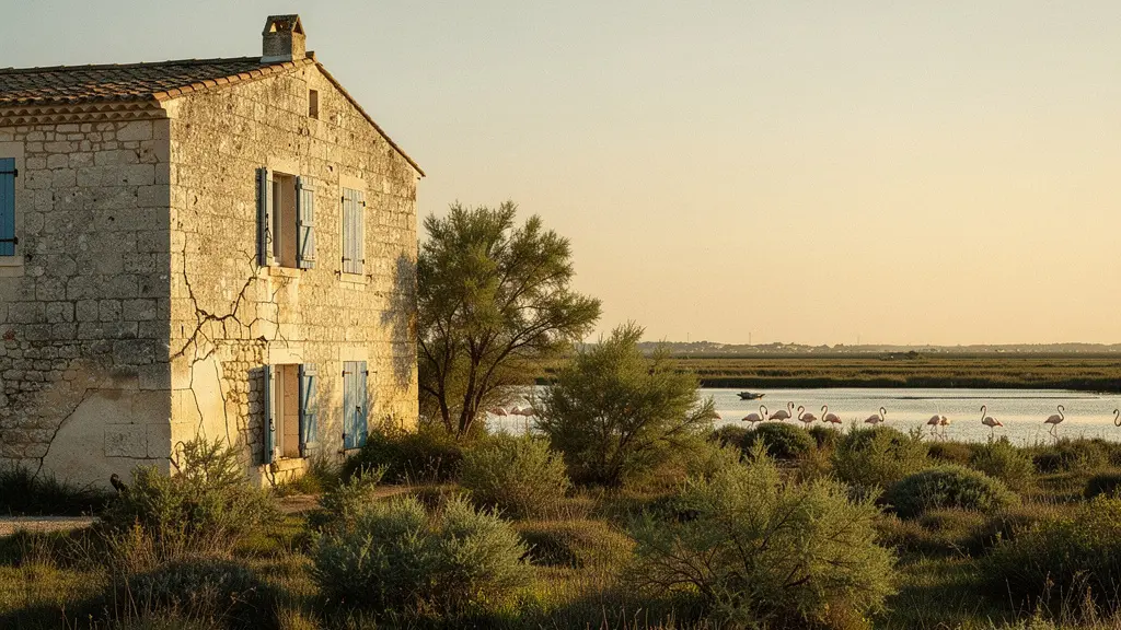 Façade d'un mas provençal en pierre avec des volets bleus sous une lumière dorée en Camargue