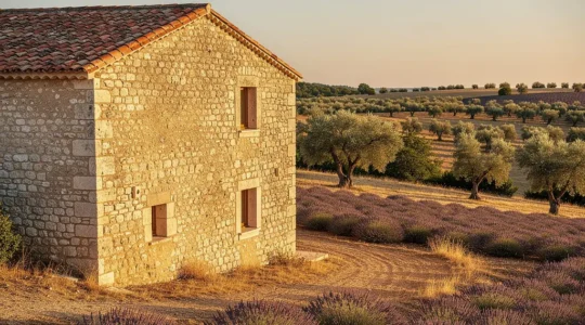 Mas provençal traditionnel en pierre avec ses murs épais et ses petites ouvertures protégés par le mistral