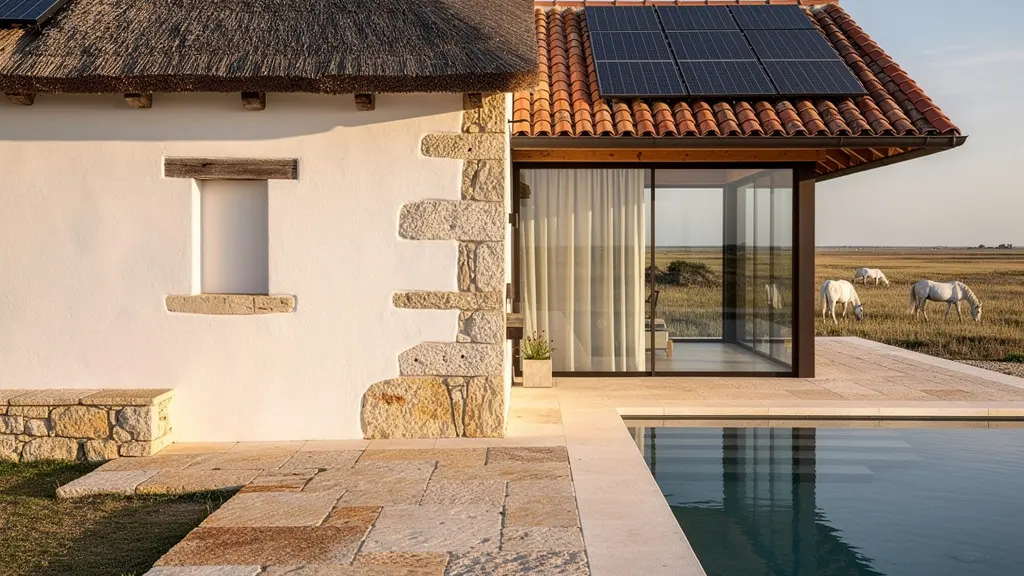 Mas camarguais rénové avec toiture en sagne, terrasses orientées et baies vitrées donnant sur les marais