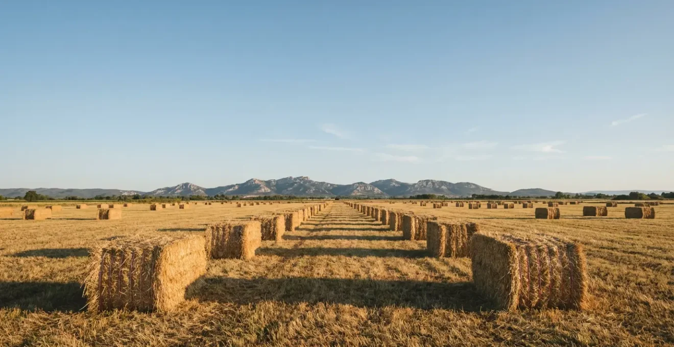 Meules de foin de Crau AOP avec ficelle rouge et blanche sous le mistral dans la plaine provençale