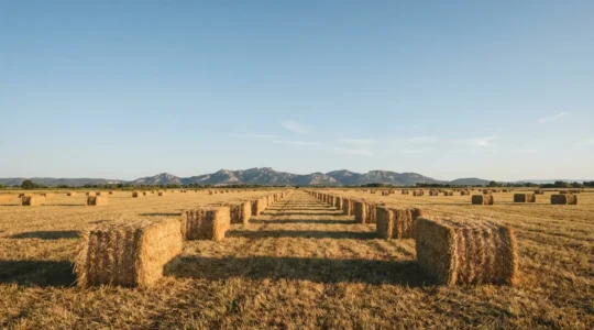 Meules de foin de Crau AOP avec ficelle rouge et blanche sous le mistral dans la plaine provençale