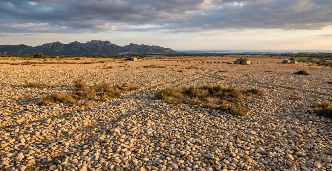 Vue aérienne de la plaine de la Crau montrant l'immense étendue de galets sous le ciel provençal