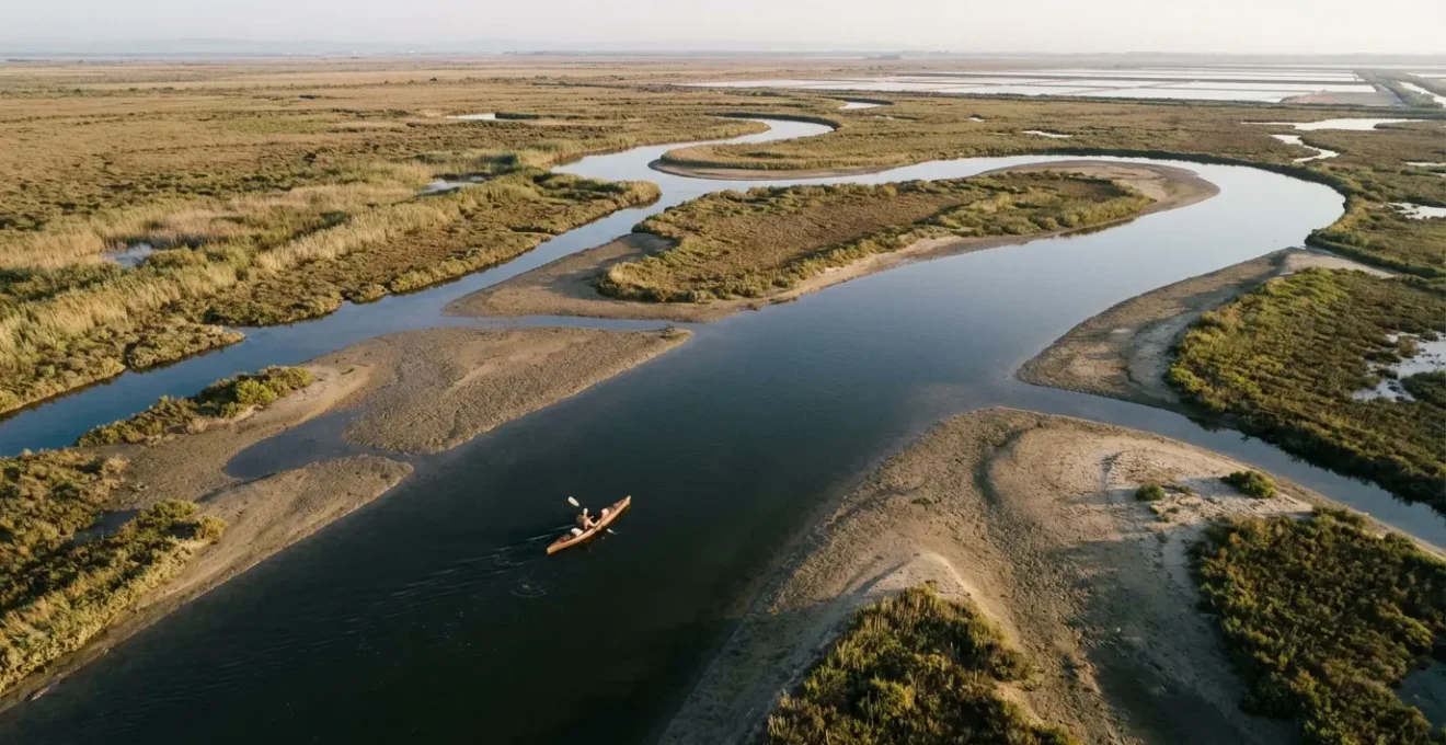 Vue aérienne d'un méandre du delta du Rhône en Camargue avec un kayak navigant prudemment près des berges