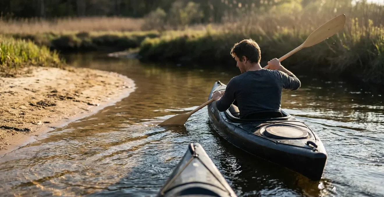 Kayakiste naviguant prudemment dans un méandre du Rhône en suivant la trajectoire extérieure