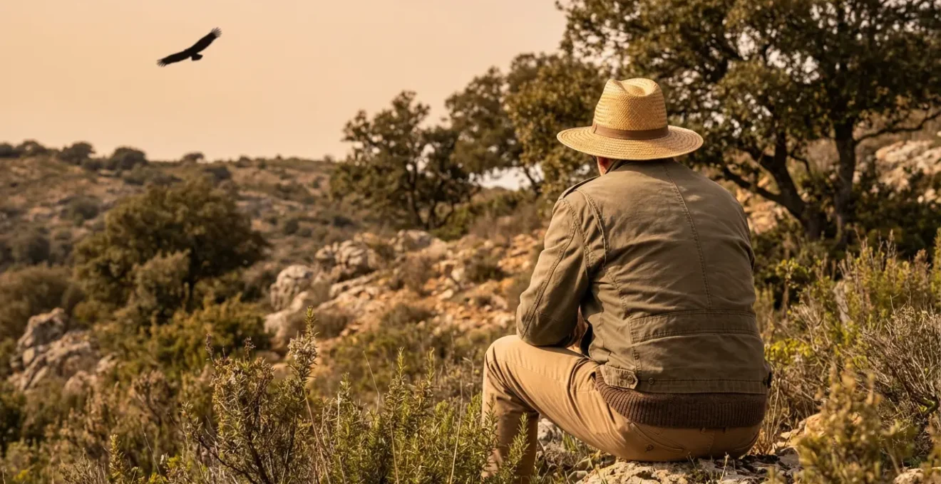 Observateur en tenue de camouflage naturel se fondant dans le paysage de garrigue