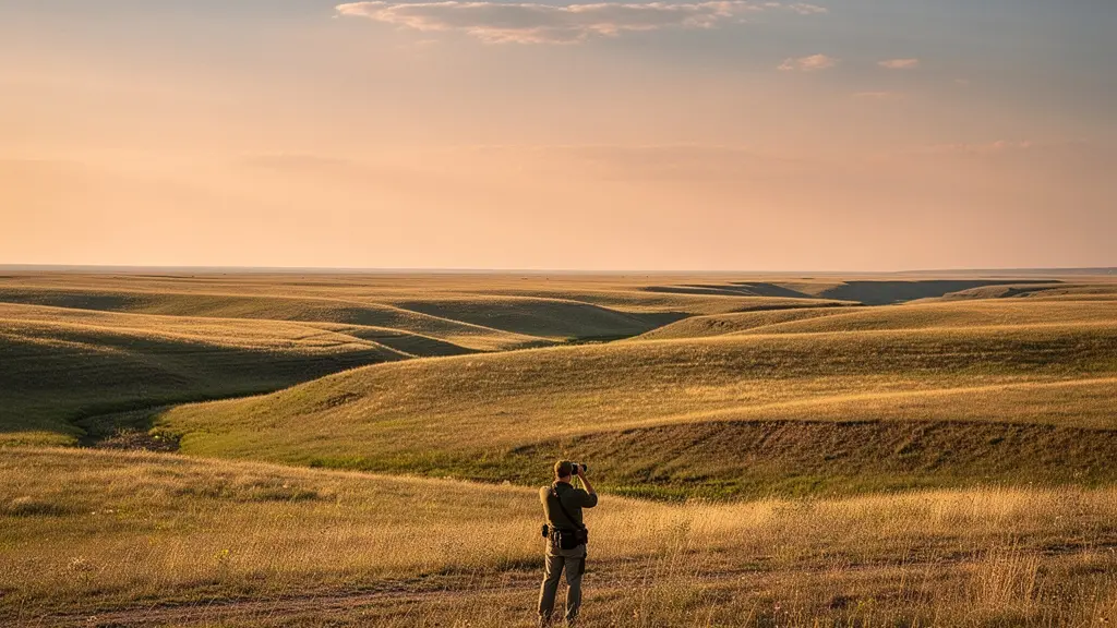 Observateur d'oiseaux utilisant des jumelles dans une plaine steppique au lever du soleil