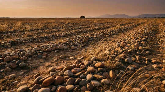Vue panoramique de la steppe de Crau avec ses galets caractéristiques sous un ciel provençal, habitat naturel du Ganga cata