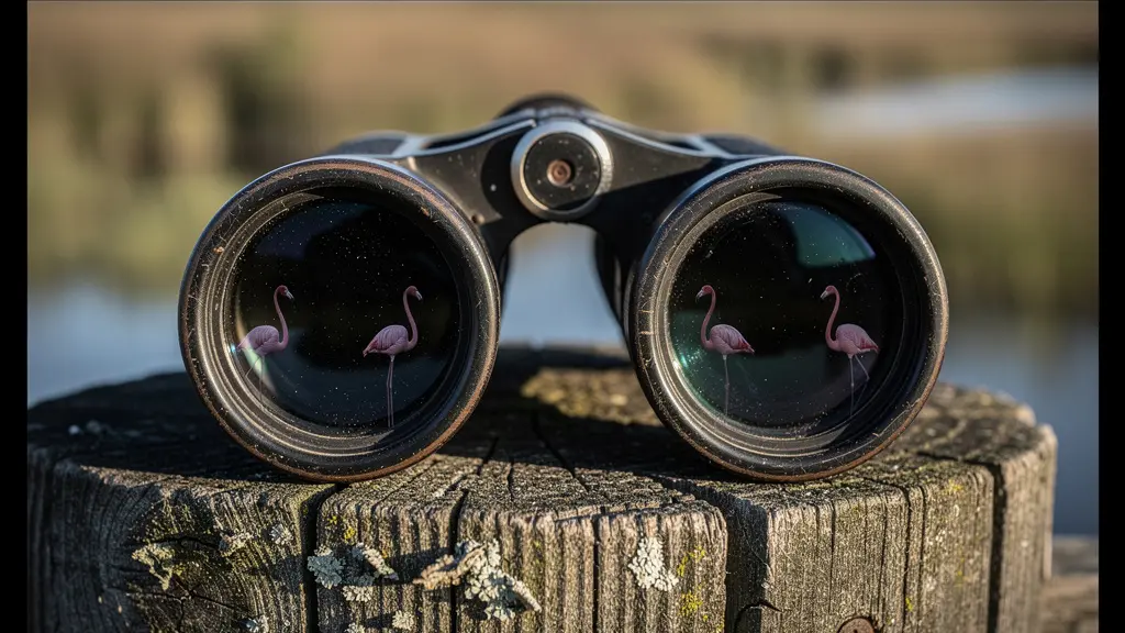 Détail macro de jumelles posées sur une barrière en bois avec reflet d'étang dans les lentilles
