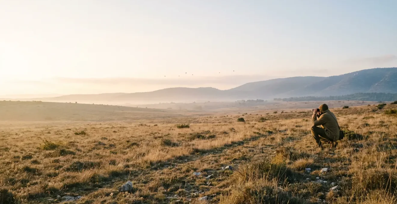 Observateur naturaliste accroupi dans la garrigue provençale au lever du soleil, observant des oiseaux steppiques sans jumelles