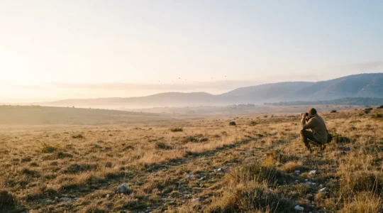 Observateur naturaliste accroupi dans la garrigue provençale au lever du soleil, observant des oiseaux steppiques sans jumelles