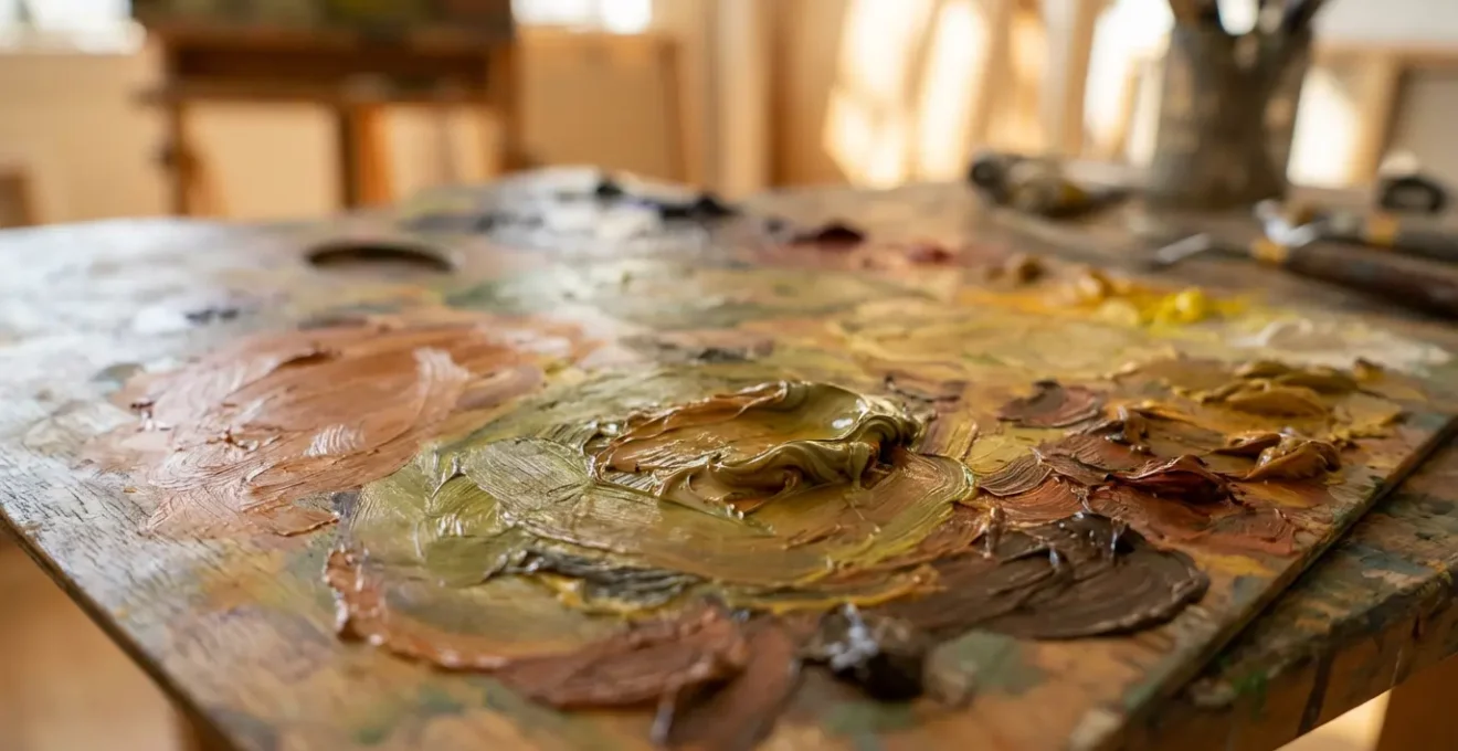 Gros plan macro sur une palette de peintre avec mélanges de verts olive et ocres provençaux