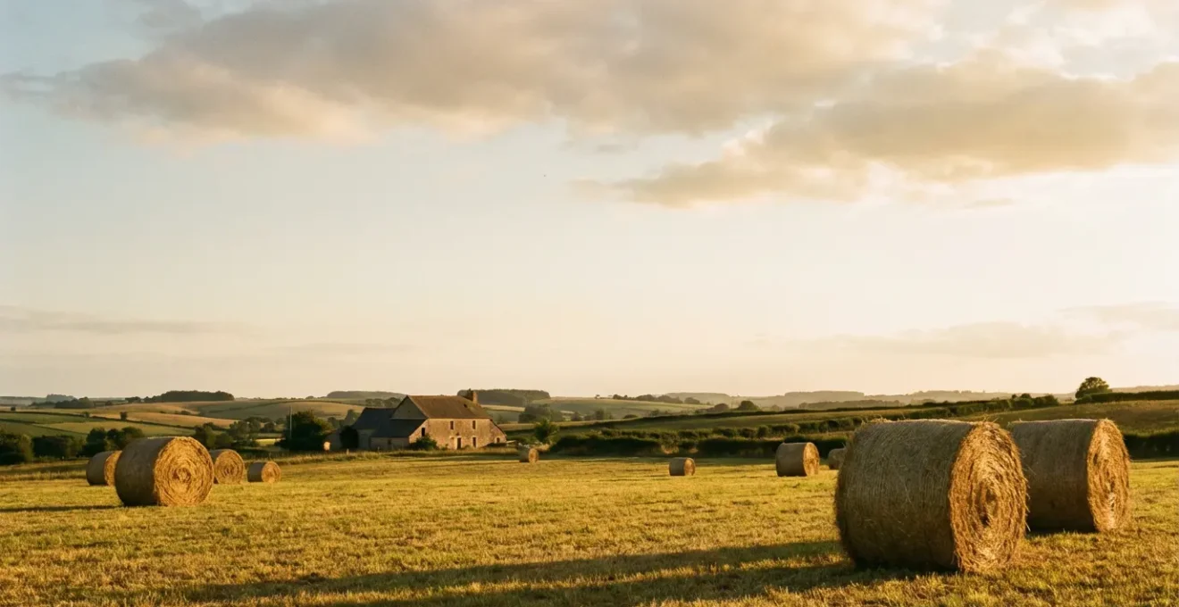 Paysage de campagne française avec des balles de foin rondes dorées dans un champ au coucher du soleil