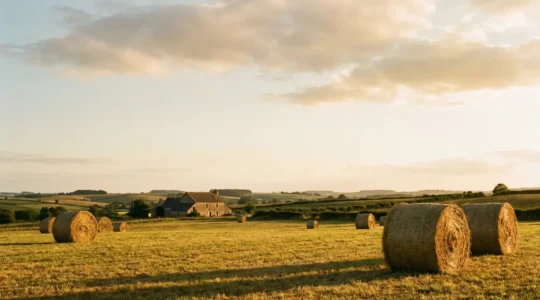 Paysage de campagne française avec des balles de foin rondes dorées dans un champ au coucher du soleil