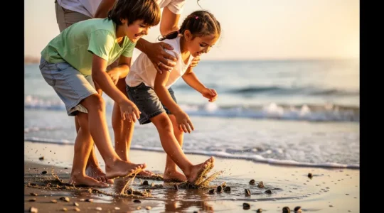 Famille en train de pêcher des tellines sur une plage de sable fin avec la technique du piétinement