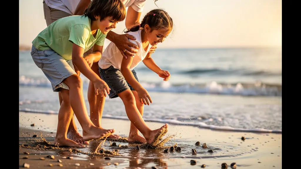Famille en train de pêcher des tellines sur une plage de sable fin avec la technique du piétinement