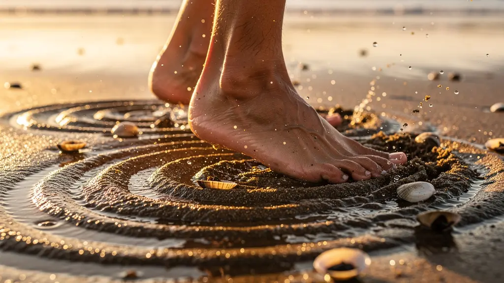 Pieds d'un pêcheur effectuant la danse traditionnelle sur le sable mouillé pour la pêche aux tellines
