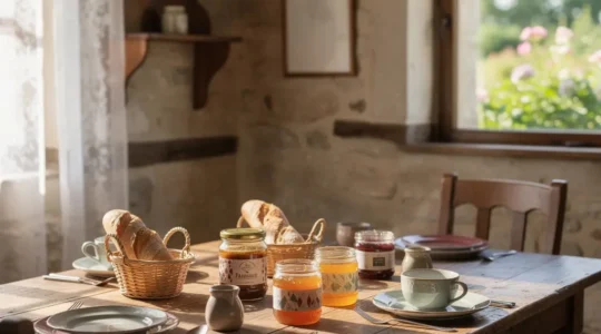 Vue chaleureuse d'une table de petit-déjeuner en chambre d'hôtes avec confitures artisanales et produits du terroir