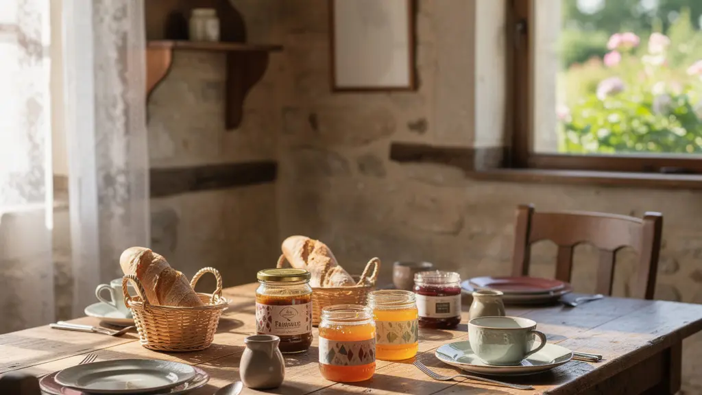 Vue chaleureuse d'une table de petit-déjeuner en chambre d'hôtes avec confitures artisanales et produits du terroir