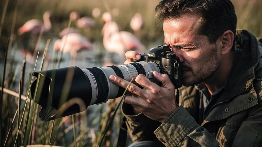 Photographe utilisant un téléobjectif pour observer les flamants roses dans les marais