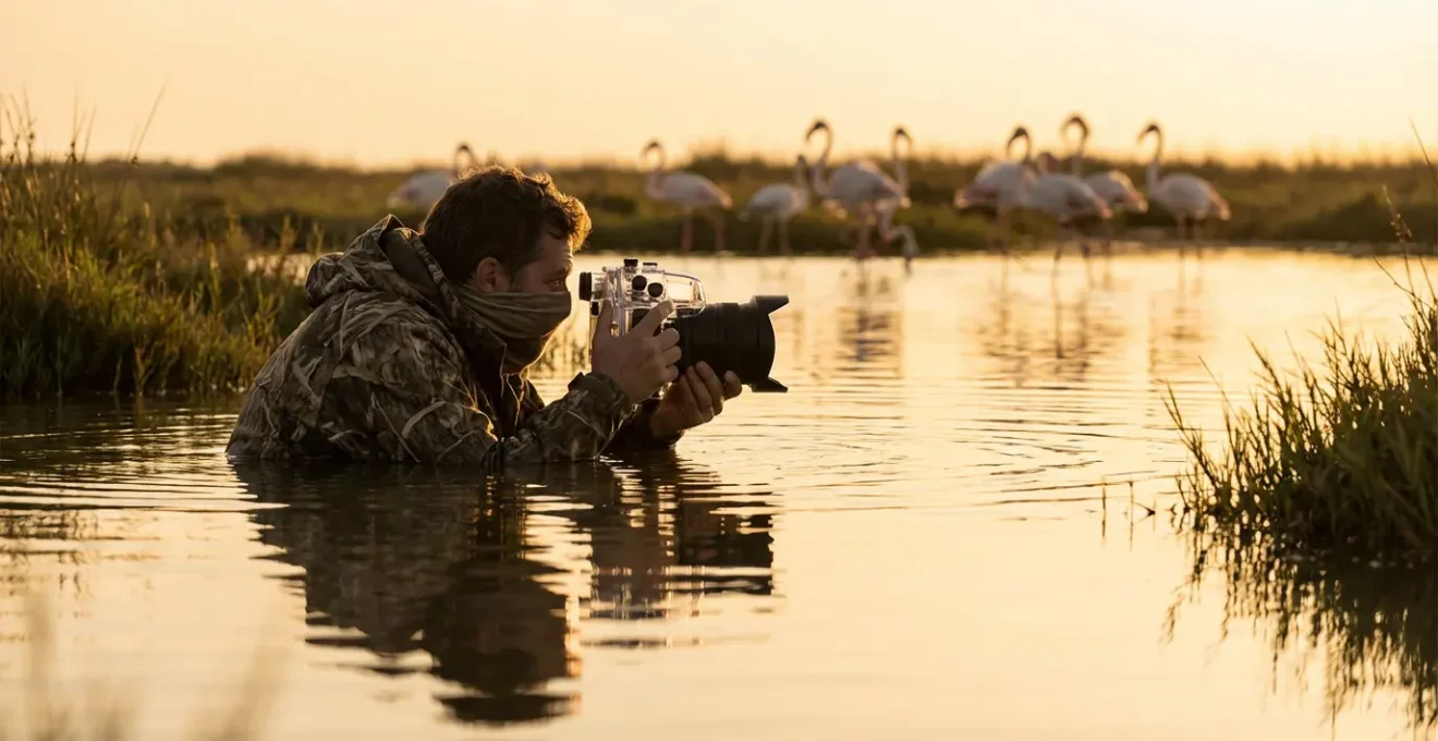 Photographe en affût au niveau de l'eau capturant des flamants roses