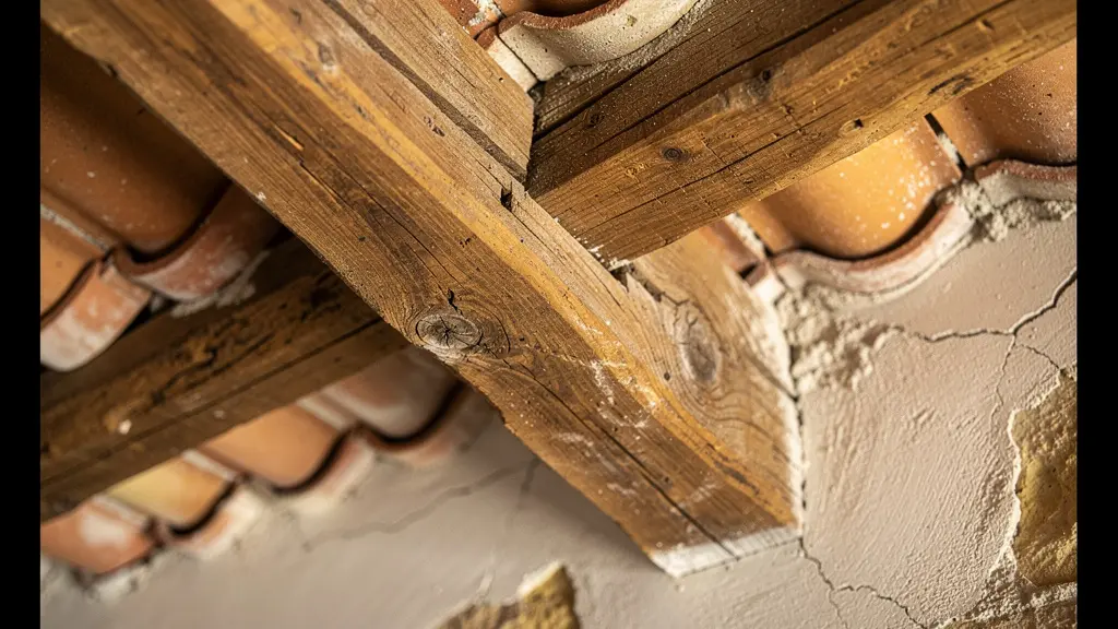 Plafond provençal traditionnel avec poutres en bois massif et parefeuilles en terre cuite