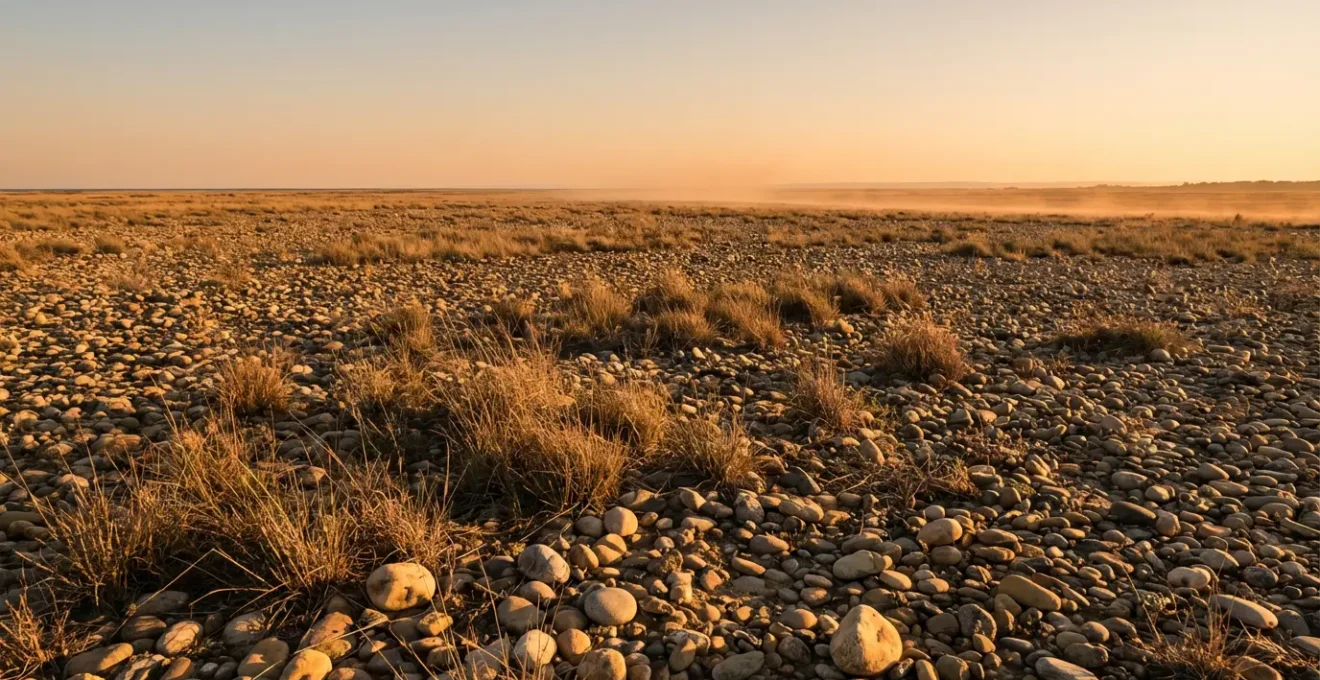 Vue panoramique de la plaine de la Crau avec ses étendues de galets et l'horizon lointain rappelant les paysages africains